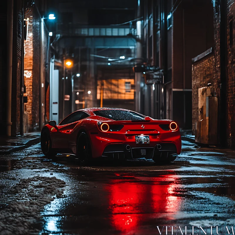 Sleek Red Sports Car in Dimly Lit Urban Alley AI Image