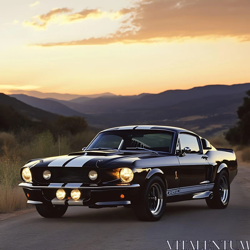 Vintage Black Car in Scenic Sunset AI Image