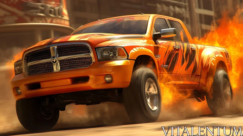 AI ART Speeding Orange Pickup Truck with Flames