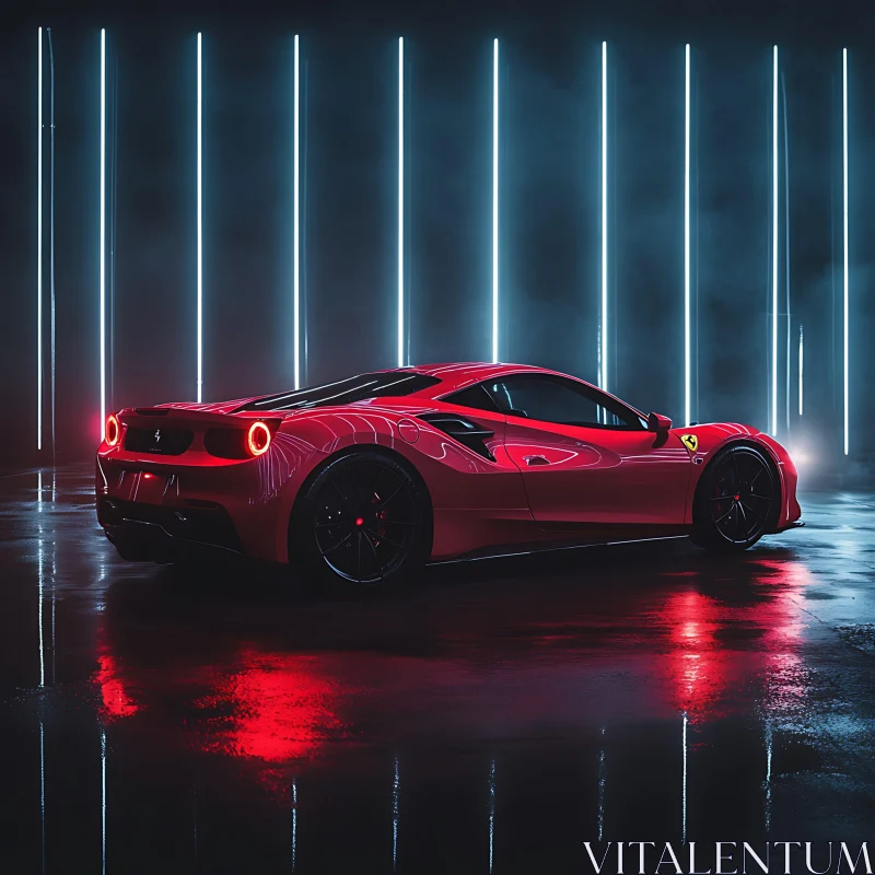 Sleek Red Supercar with Neon Lights AI Image