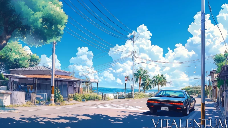 Coastal Road with Classic Car and Blue Sky AI Image