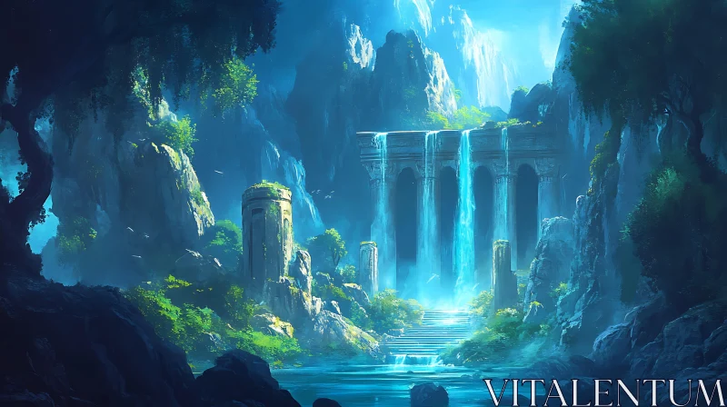 Forgotten Ruins with Cascading Waterfalls in Lush Greenery AI Image