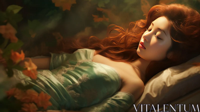 Enchanting Sleeping Girl with Red Hair Amongst Leaves | Realistic Fantasy Art AI Image