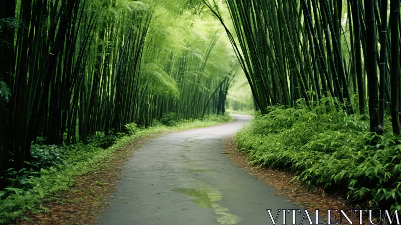 Tranquil Bamboo Forest Path - A Journey Through Nature's Green Canopy AI Image