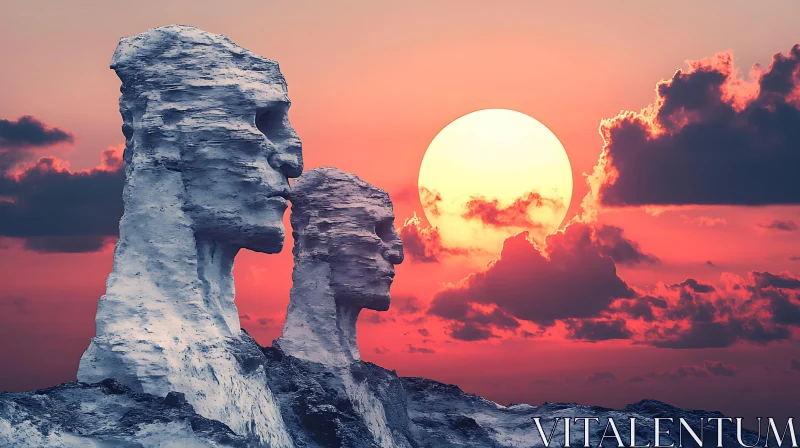 Monumental Stone Heads in Sunset Glow AI Image