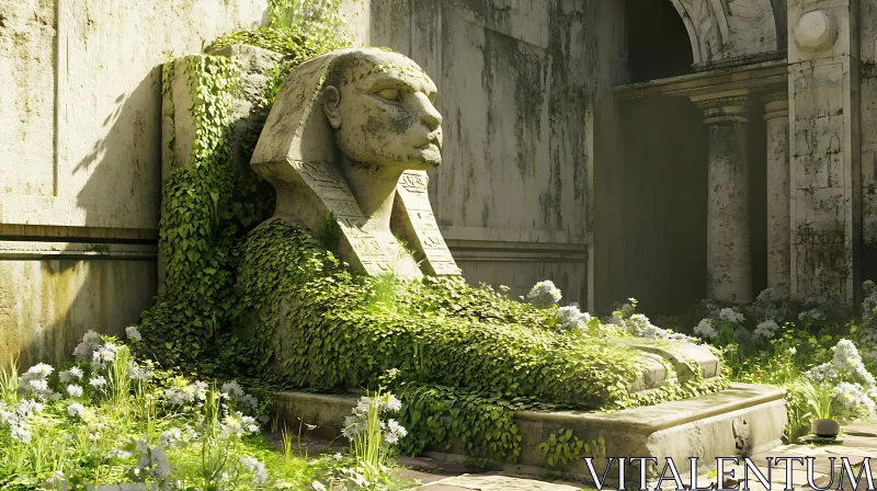 Ancient Stone Sphinx Covered in Ivy AI Image