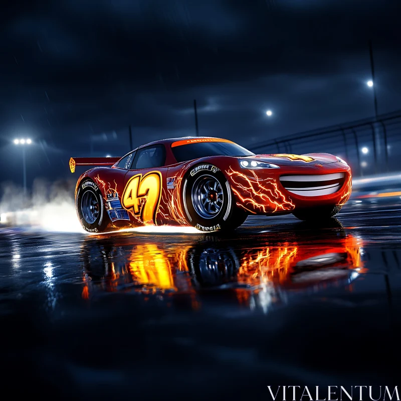 Electric-Themed Racecar on Wet Night Track AI Image