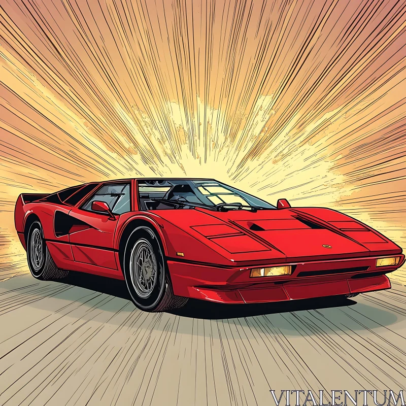 Red Sports Car in Stylized Comics Art AI Image