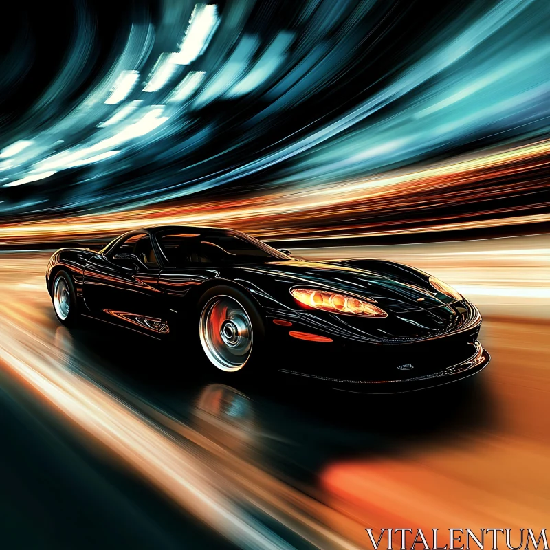 Black Sports Car Speeding at Night AI Image