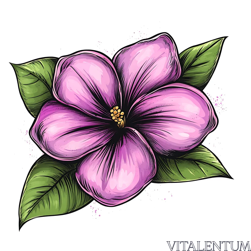 Artistic Pink Flower and Leaves Drawing AI Image