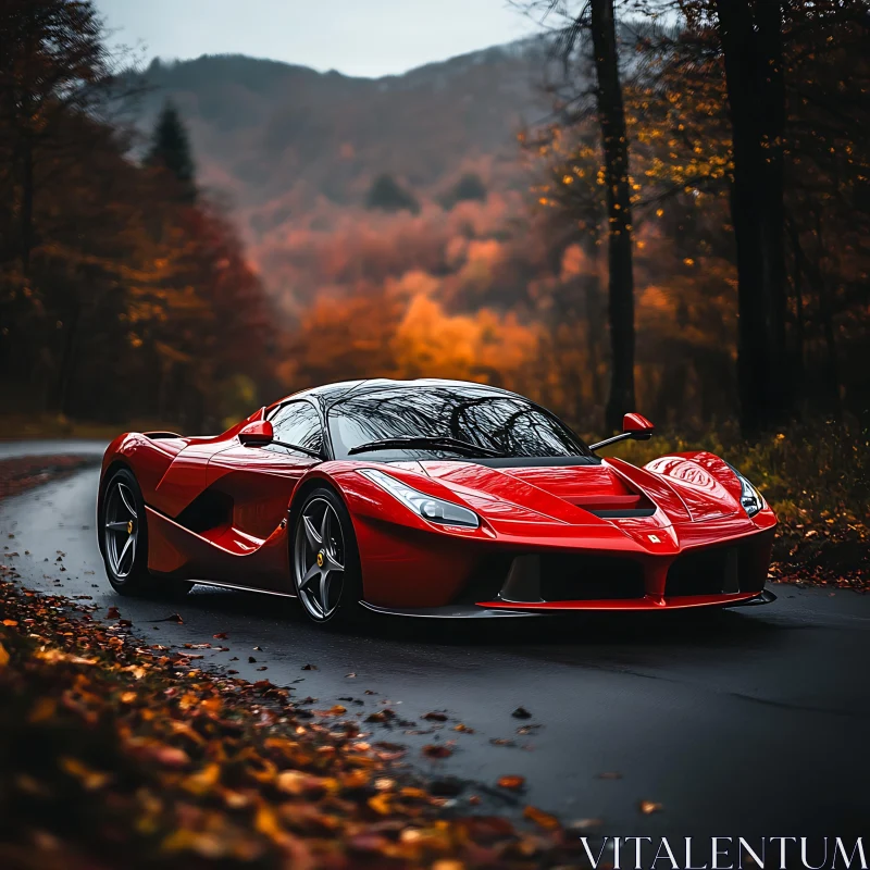 Luxury Sports Car Amidst Autumn Landscape AI Image