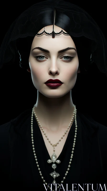 Captivating Portrait of a Female Vampire with Pearls and Eyeshadow AI Image