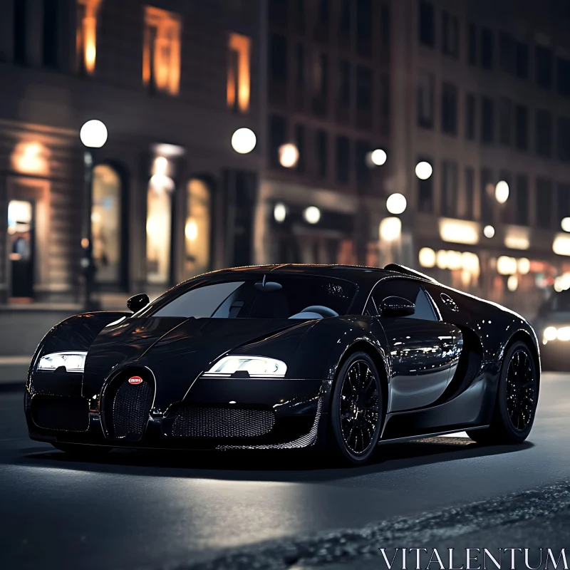 Elegant Black Car in a Nighttime Cityscape AI Image