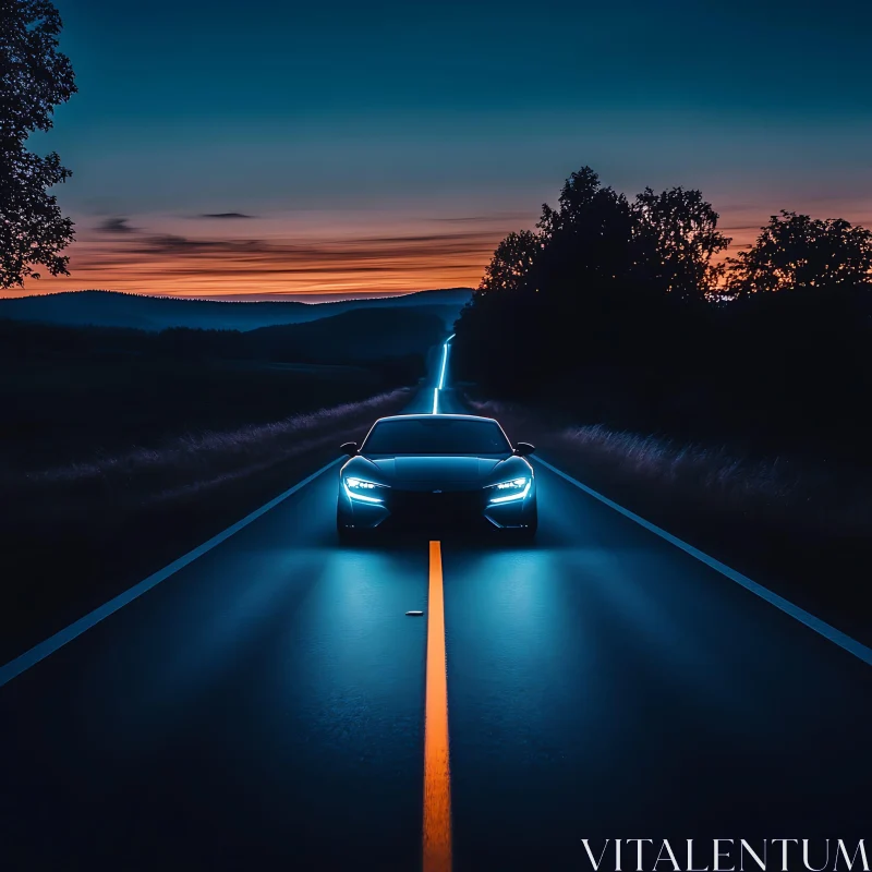 Eerie Blue Headlights on a Night Road AI Image