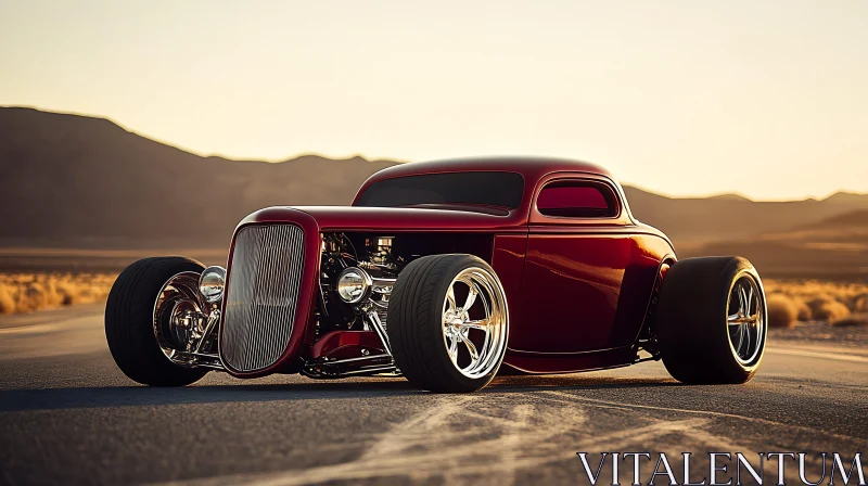 Classic Red Hot Rod in Twilight Desert Scene AI Image