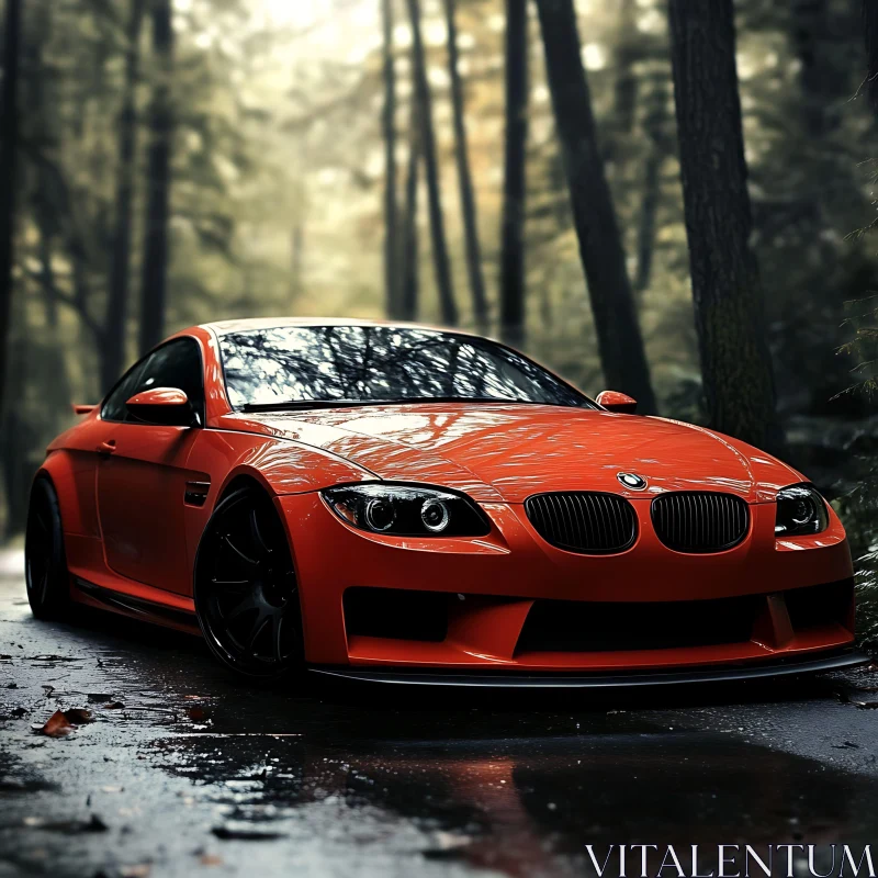 Forest Drive with a Red Sports Car