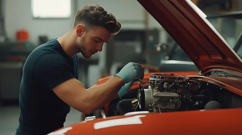Mechanic Repairing Engine in Red Car
