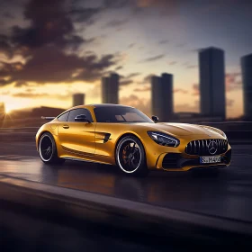 Urban Drive with Yellow Sports Car at Dusk
