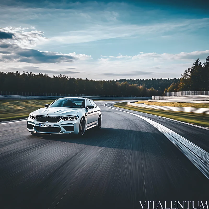 Speeding White Car on Racing Circuit Speeding White Car on Racing Circuit