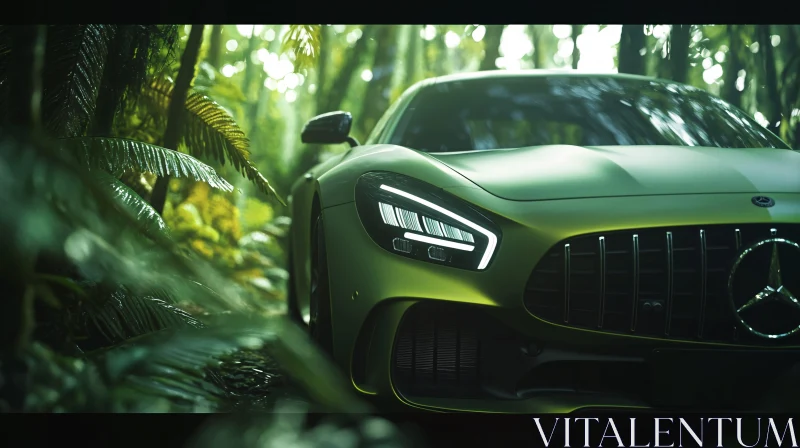 Sleek Green Modern Car Amidst Lush Foliage Sleek Green Modern Car Amidst Lush Foliage