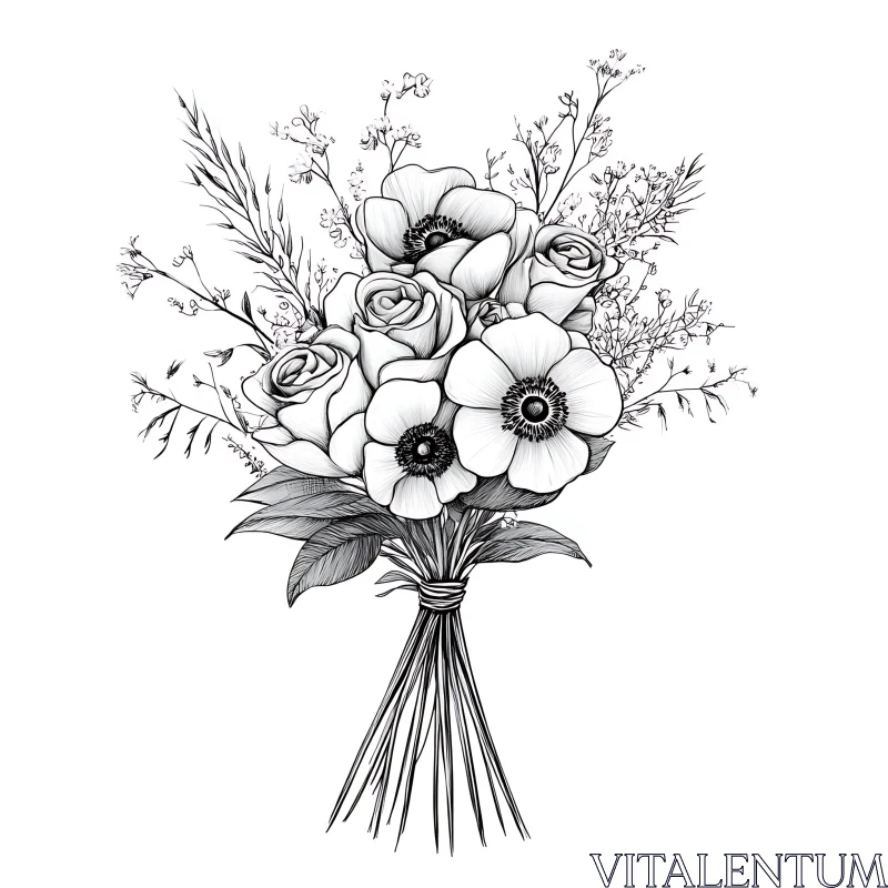 Botanical Art: Monochrome Rose and Anemone Bouquet Botanical Art: Monochrome Rose and Anemone Bouquet