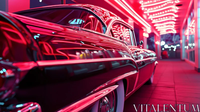 Retro Car Reflecting Neon Lights in Urban Setting Retro Car Reflecting Neon Lights in Urban Setting