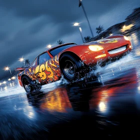 Graffiti-Enhanced Sports Car Drifting on Wet Night Road