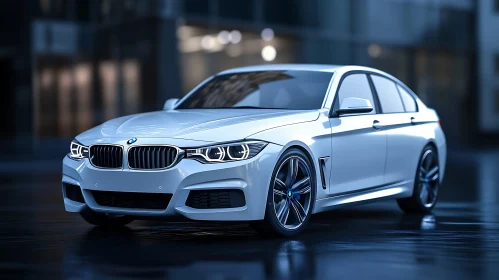Modern White Sedan in Cityscape at Night