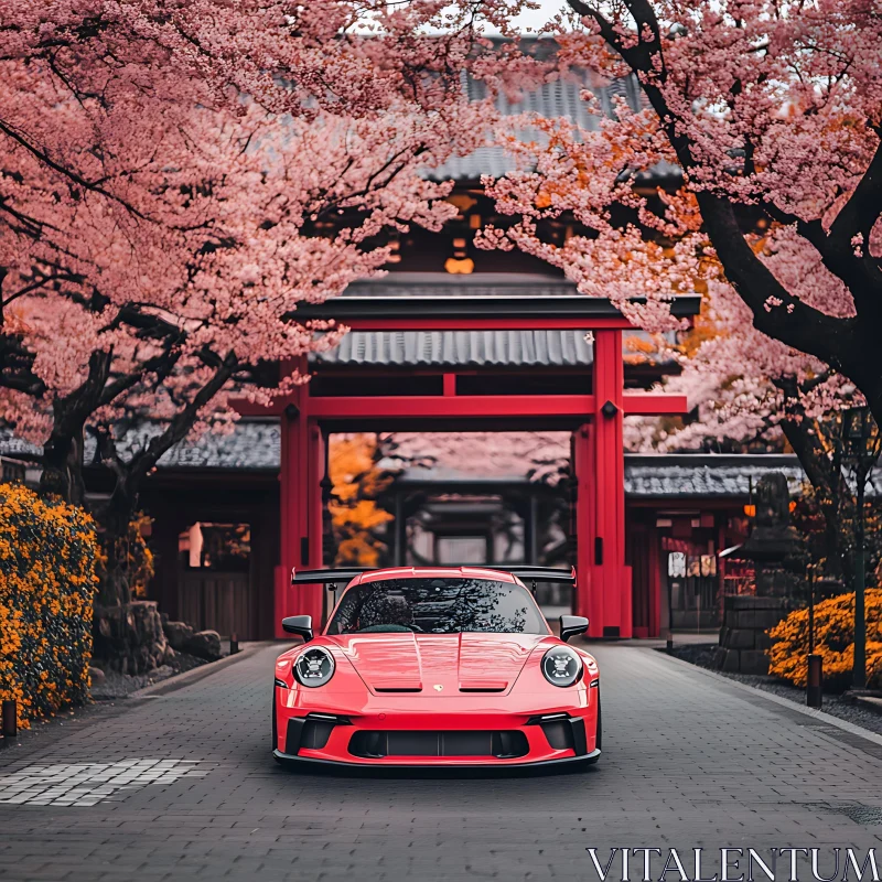 Japanese Cherry Blossom with Stunning Red Car Japanese Cherry Blossom with Stunning Red Car