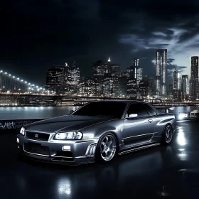 Modern Sports Car with City Skyline at Night