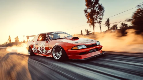 Sunset Drift of Red Racing Car