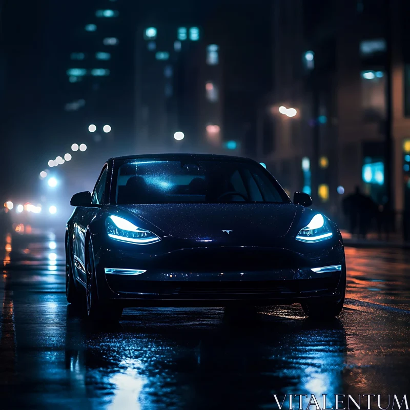 Futuristic Electric Car on Wet Urban Street AI Image