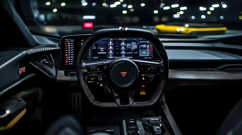 High-Tech Sports Car Dashboard and Steering Wheel