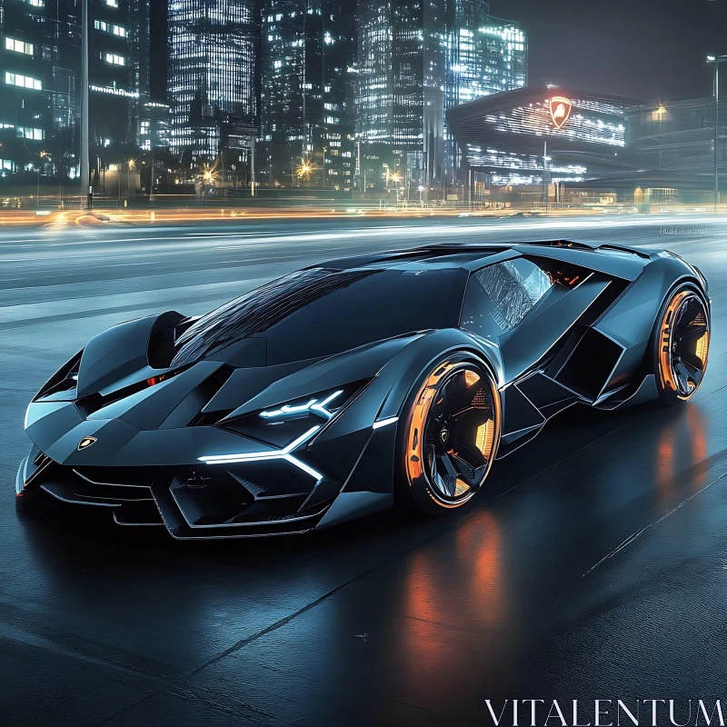 Futuristic Supercar on City Street at Night AI Image