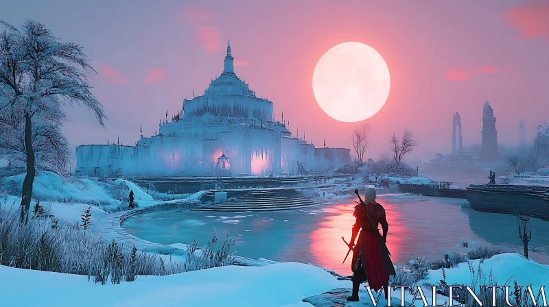 Enigmatic Winter Scene with Castle and Sunset AI Image