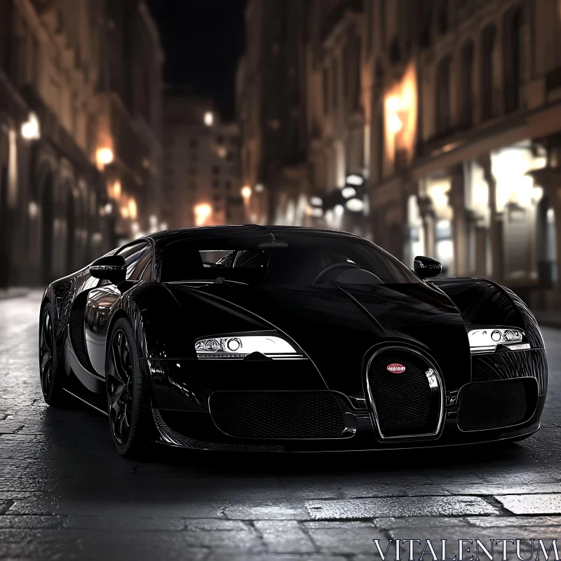 Elegant Black Car on Cobblestone Street AI Image