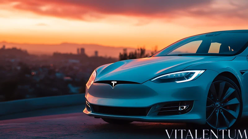 Modern Electric Car Facing Sunset City View AI Image