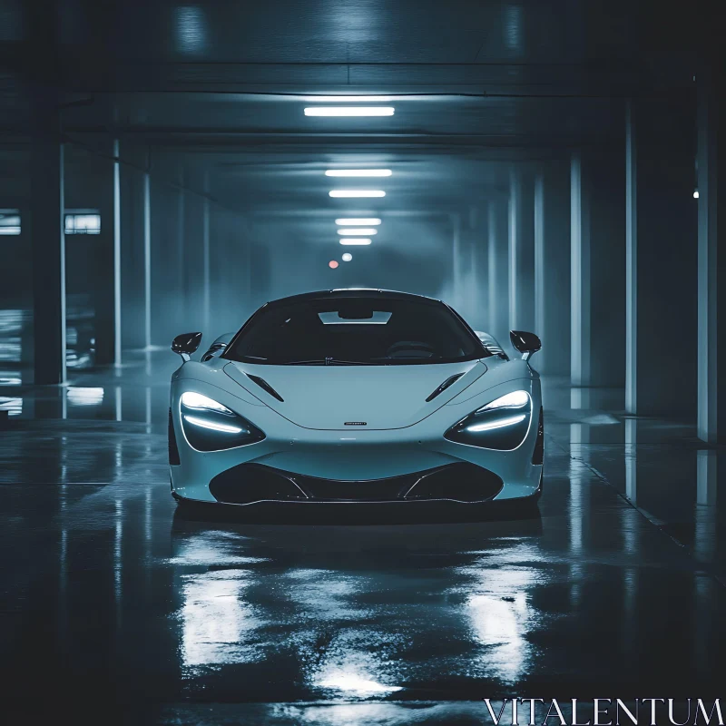 Luxury Car with Bright Headlights in Underground Parking AI Image