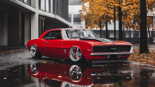 Vintage Red Car on Wet Street