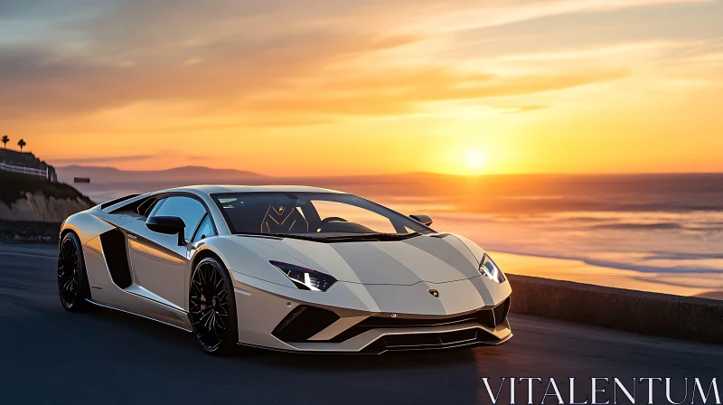 Luxury Supercar Parked at Coastal Sunset AI Image