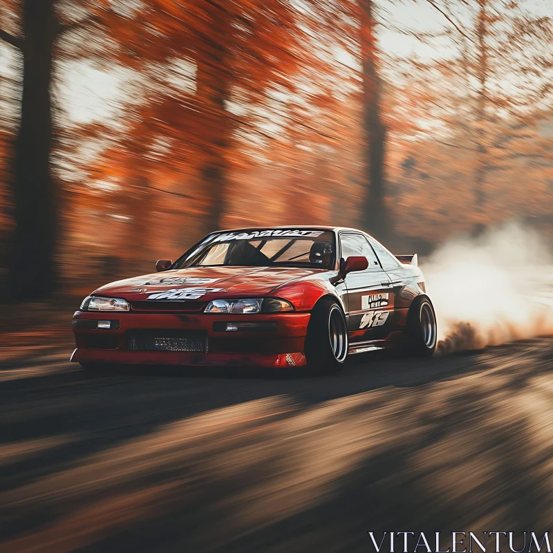 Autumn Drift - Red Car in Motion AI Image