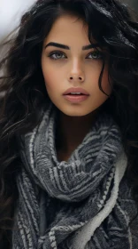 Young Woman with Long Dark Hair in Gray Scarf | Texture-Rich Layers