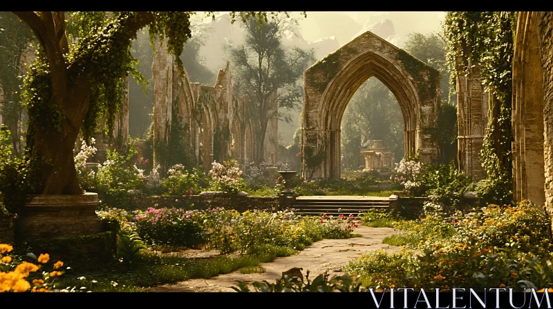 Mystical Ruins in a Sunlit Garden AI Image