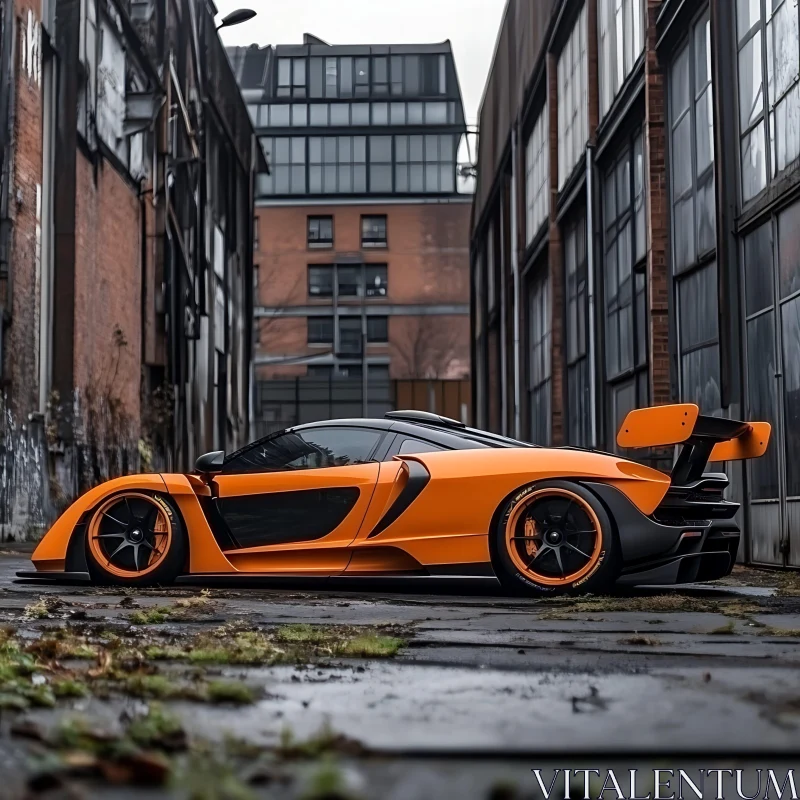 Orange Supercar Amidst Urban Warehouses AI Image