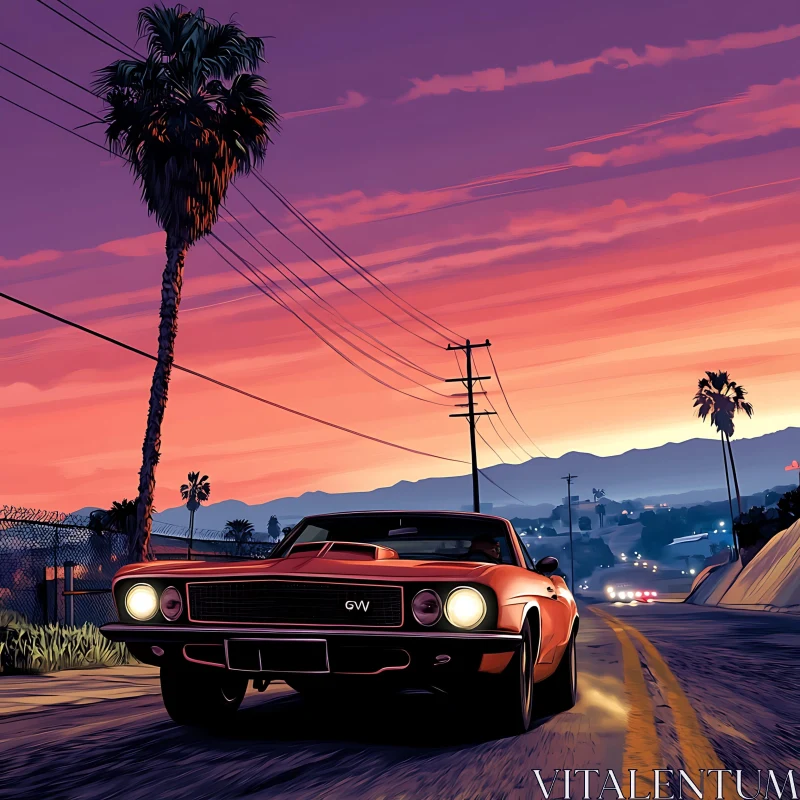 Classic Car on a Sunset Road AI Image