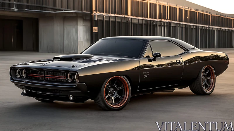 Timeless Black Muscle Car Amidst Modern Architecture AI Image