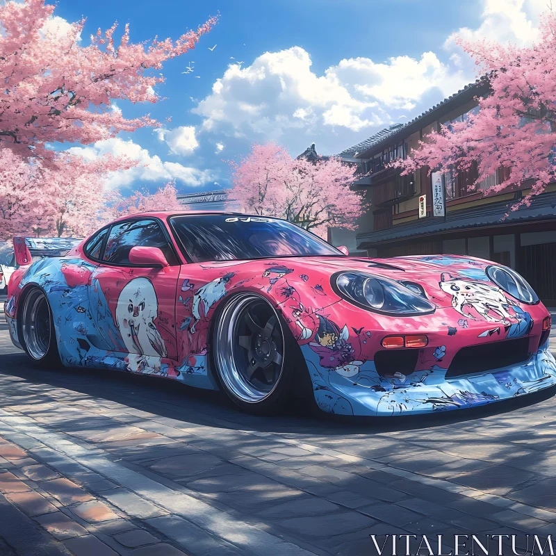 Anime Art Car under Cherry Blossom Trees AI Image