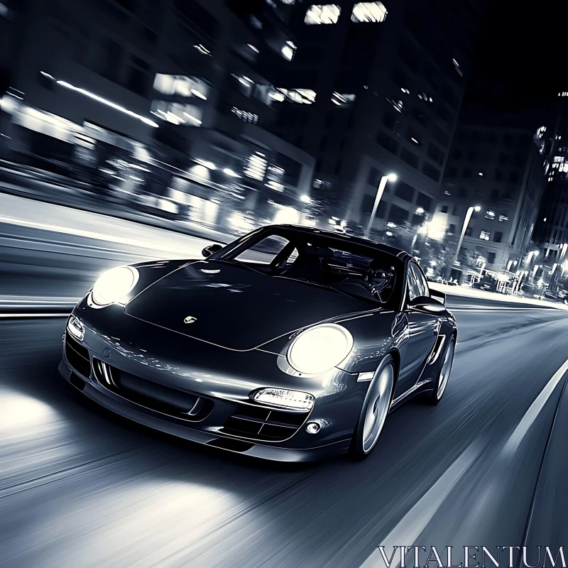 Urban Night Drive with Black Sports Car AI Image