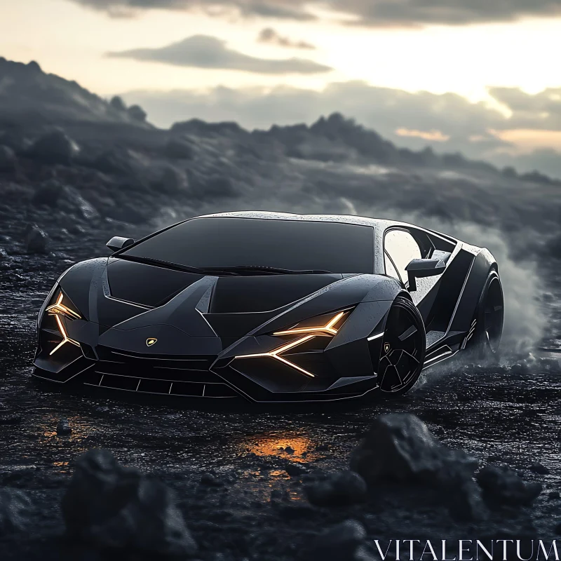 Sleek Black Supercar in Dramatic Landscape AI Image