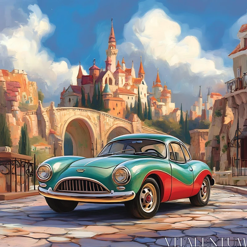 Retro Car with Fairy Tale Castle AI Image